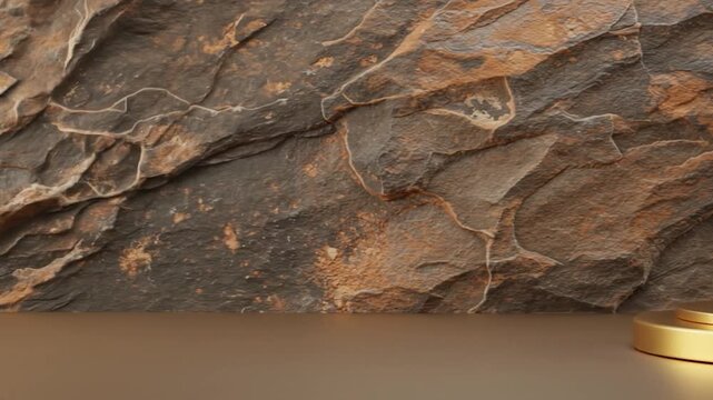 A textured stone wall backdrop behind a two-tiered gold display stand on a flat surface