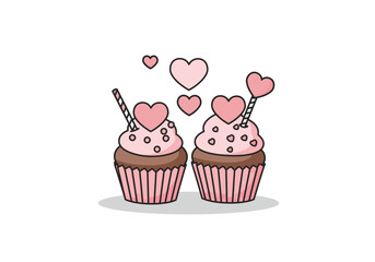 Two Valentines Day Cupcakes with Heart Decorations.