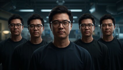 Asian men clones faces portrait glasses black shirts identical team group leadership future technology on transparent background