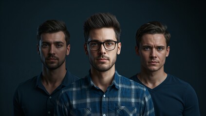Three men portrait faces fashion style attractive handsome male model eyewear studio shot dark background on transparent background