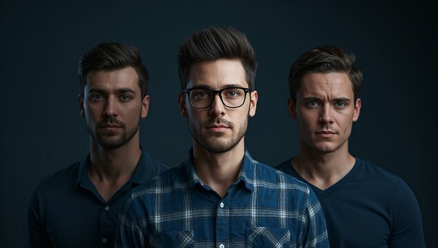 Three men portrait faces fashion style attractive handsome male model eyewear studio shot dark background on transparent background