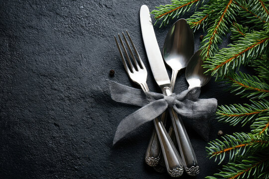 Christmas table place setting with christmas tree branches, spoon, knife, fork and ribbon over black table with copyspace. Christmas holidays background