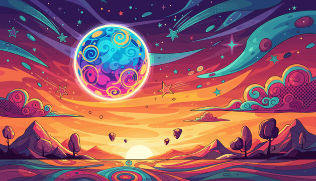 Vibrant and surreal cosmic landscape featuring a psychedelic full moon glowing with rainbow colors, set against a dramatic sunset sky filled with swirling clouds, shooting stars, and abstract