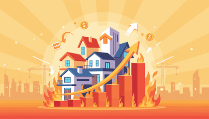 Vibrant illustration depicting a booming real estate market with houses, rising bar graphs, upward arrows, and flames symbolizing rapid growth and high demand, set against a city skyline and