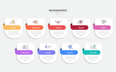 Infographic design template. Timeline concept with 9 options or steps template. layout, diagram, annual, report, presentation. Vector illustration.
