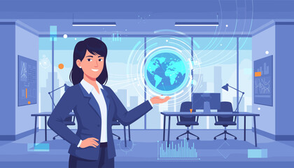 Professional businesswoman in a modern office presenting a holographic projection of the Earth, symbolizing global network connection, data analysis, and international business strategy with