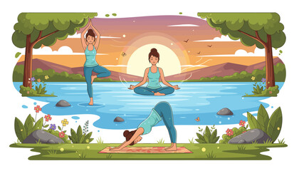 Serene woman practicing yoga poses and meditating by a tranquil lake at sunrise, surrounded by lush greenery, mountains, and a vibrant sky, embodying peace and wellness.