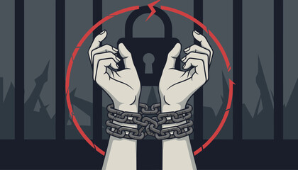 Symbolic illustration of a pair of hands bound by heavy metal chains, trapped behind prison bars, with a cracked red circle and a locked padlock overhead, representing imprisonment, restriction, and