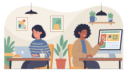 Two women working on laptops and computers in a cozy cafe setting, surrounded by plants and artwork, representing remote work, collaboration, and digital lifestyle in a modern, comfortable