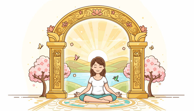 Serene woman meditating in tranquil morning light, framed by an ornate golden archway, with cherry blossom trees, butterflies, and a peaceful landscape featuring a lake and rolling hills, symbolizing