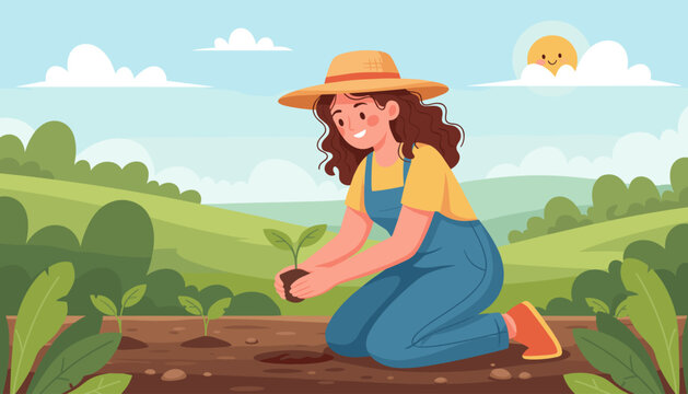 Vibrant illustration of a cheerful woman wearing a straw hat and overalls, kneeling to plant a small seedling in rich soil, surrounded by lush green fields and a bright, smiling sun in a clear blue