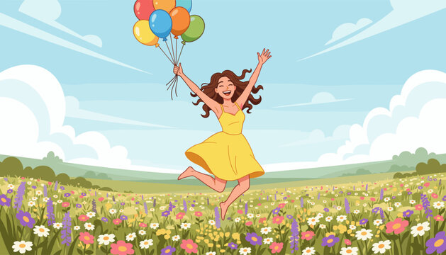 A young woman in a yellow dress joyfully jumps and runs through a vibrant field of wildflowers, holding a bunch of colorful balloons, under a bright blue sky with fluffy white clouds, embodying