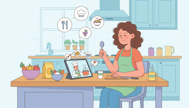 A woman in an apron watches an online cooking class on a tablet, learning to prepare a meal in a bright, modern kitchen, surrounded by fresh ingredients and kitchenware, symbolizing home cooking and