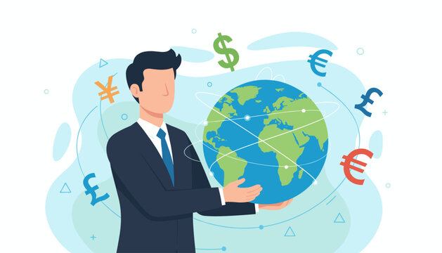 A businessman holds the Earth in his hands, symbolizing global economy and international finance, with currency symbols like dollar, euro, pound, and yen orbiting the planet, representing forex