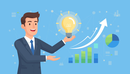 Smiling businessman in a suit holding a glowing light bulb, symbolizing innovation and creativity, with a background of upward trending graphs, pie charts, and network connections, representing