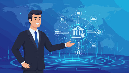 Smiling businessman in a suit presenting a digital network of financial icons, including a bank, credit card, shopping cart, cloud storage, brain, and lock, against a backdrop of a world map and