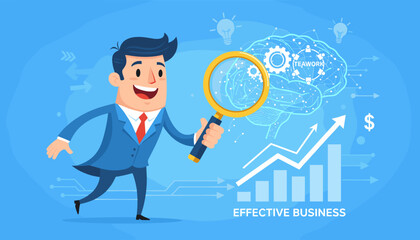 Dynamic businessman with magnifying glass examining a glowing brain network symbolizing teamwork and effective business strategies, with upward trending financial charts and dollar sign indicating