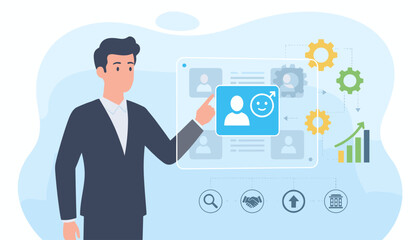 A professional businessman in a suit points to a digital screen displaying candidate profiles, highlighting a selected profile with a male icon and a smiley face, symbolizing recruitment and human