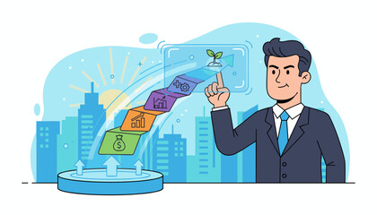 A determined businessman in a suit interacts with a futuristic holographic interface, pointing at a vibrant progress bar representing growth, investment, and development, set against a backdrop of a