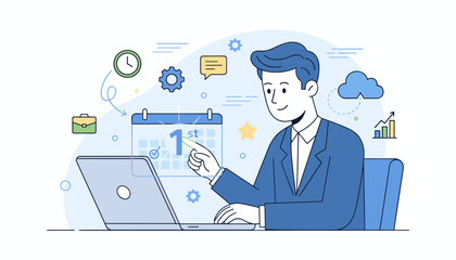 Businessman scheduling a digital calendar on laptop, planning tasks and appointments, with icons for time, briefcase, cloud, and analytics, representing business planning and productivity in a modern