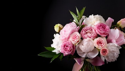 elegant pink and white flower bouquet with peonies and roses on black background