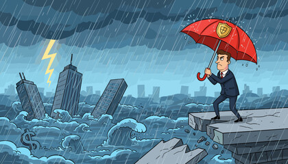 Determined businessman in a suit holds a red umbrella with a shield symbol, standing on a broken platform amidst a flooded city during a severe thunderstorm with lightning, symbolizing financial