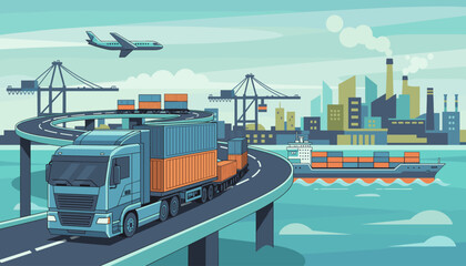 Vibrant flat vector illustration showcasing a modern global logistics network with cargo trucks, container ships, airplanes, and industrial factories, symbolizing international trade and supply chain