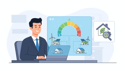 Businessman using a laptop with a virtual screen displaying an energy efficiency rating chart, renewable energy sources like solar panels and wind turbines powering houses, and a magnifying glass