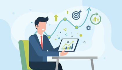 Smiling businessman in a suit sitting at a desk, holding a tablet displaying a bar and line graph, analyzing sales data with upward trending charts and icons representing goals and growth in a modern