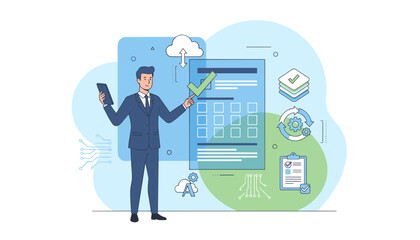 Businessman in a suit holding a mobile phone and pointing to a checklist with a green tick mark, symbolizing task completion, project management, and digital organization with cloud integration and