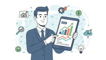 Businessman holding a smartphone displaying sales growth charts and progress arrows, surrounded by icons representing business analytics, finance, innovation, and teamwork, symbolizing successful