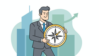 Confident businessman in a suit holding a golden compass, symbolizing direction and strategy, with abstract modern city buildings and an upward trending arrow in the background, representing business