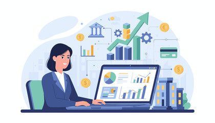 Businesswoman analyzing financial data on a laptop with charts and graphs, surrounded by icons representing banking, credit cards, and currency, symbolizing economic growth and investment strategies