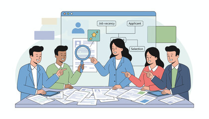 Diverse team of professionals collaborating around a table, meticulously reviewing resumes and applicant profiles, using a magnifying glass to assess candidates for job vacancy and selection