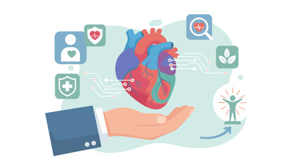 Conceptual illustration of cardiovascular health and medical care, featuring a detailed human heart held in a doctor's hand, surrounded by icons representing health, protection, research, and