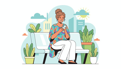 Cheerful multiethnic woman with her hair in a bun, wearing a colorful patterned top and white pants, sits on a park bench in a city park, happily messaging on her smartphone, surrounded by potted