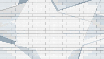 Abstract geometric shapes overlaying a clean white brick wall texture, creating a modern and minimalist background with subtle blue and grey tones, perfect for graphic design and architectural