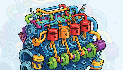 Detailed illustration of a colorful internal combustion engine, showcasing pistons, crankshaft, spark plugs, and various colorful tubes and components, presented in a vibrant, cartoonish style