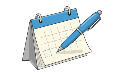 Close-up illustration of a blue ballpoint pen marking a square on a desk calendar page, symbolizing planning, scheduling, and task management with a clean, modern aesthetic against a white background.