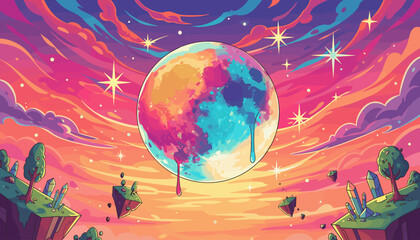 Vibrant and surreal full moon with abstract colorful patterns, dripping liquid, set against a breathtaking sky filled with swirling clouds and sparkling stars, with floating islands and crystals in
