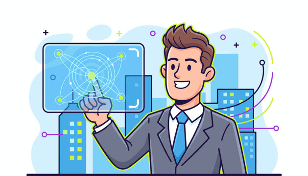 Modern businessman interacting with a futuristic digital interface displaying network connections and data points, set against a backdrop of stylized city buildings, symbolizing technology and global