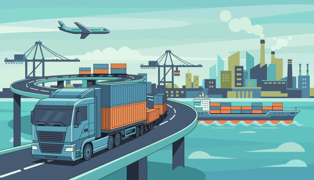 Vibrant flat vector illustration showcasing a modern global logistics network with cargo trucks, container ships, airplanes, and industrial factories, symbolizing international trade and supply chain