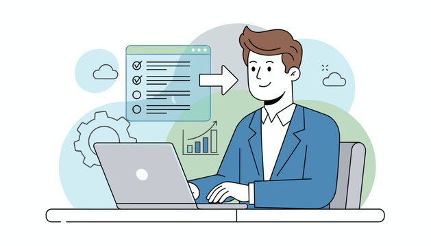 Modern flat illustration of a smiling businessman in a blue suit working on a laptop, with a to-do list document and growth chart graphics, representing productivity and business success in a digital