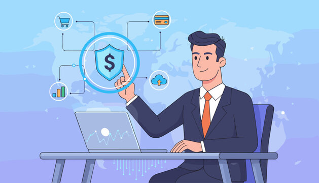 Businessman in suit interacting with digital interface showing financial security shield, shopping cart, credit card, cloud upload, and analytics graph, representing online banking and secure