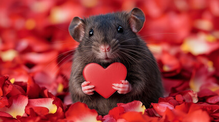 A sweet rat holding a red heart nestled amongst a bed of vibrant red rose petals.