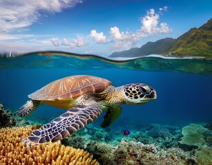 Obraz premium green sea turtle swimming over coral reef with mountain and sky in background