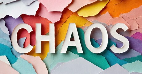 Colorful torn paper background displays word CHAOS using white block letters. Bright hues create dynamic visual texture.