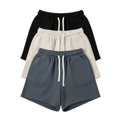Three stacked casual shorts in black cream and gray minimalist apparel presentation