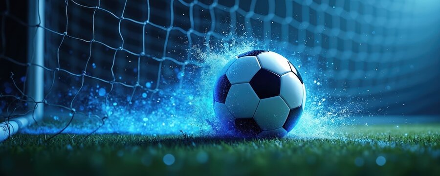 Soccer ball hits goal net with splash of glowing blue light. Football rests on green grass field at night stadium. Victory concept winning shot in championship match. Magic moment of success in