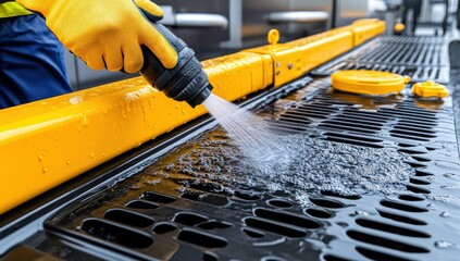 A worker wearing yellow gloves cleans a dark metal grate with a high-pressure water jet